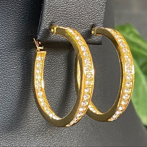 Channel Set Swarovski Crystals Statement Gold Hoop Earrings - Picture 5 of 9